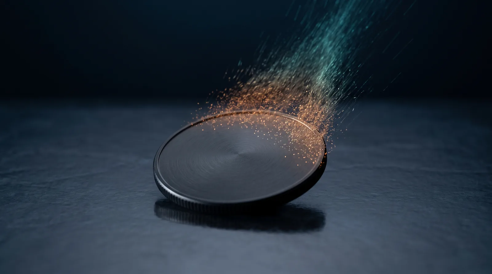 Moneda de metal oscuro deshaciéndose en partículas luminosas